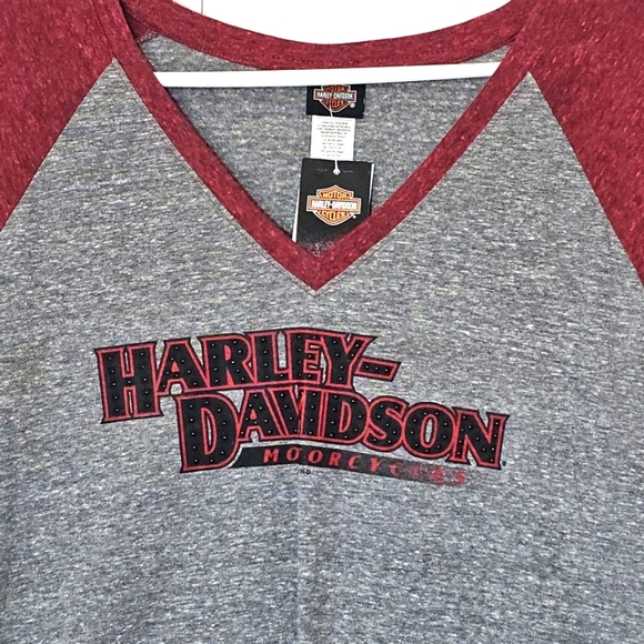 Harley Davidson Durango V-Neck Raglan T-shirt Red/Grey Moto New Medium Logo - Picture 2 of 12